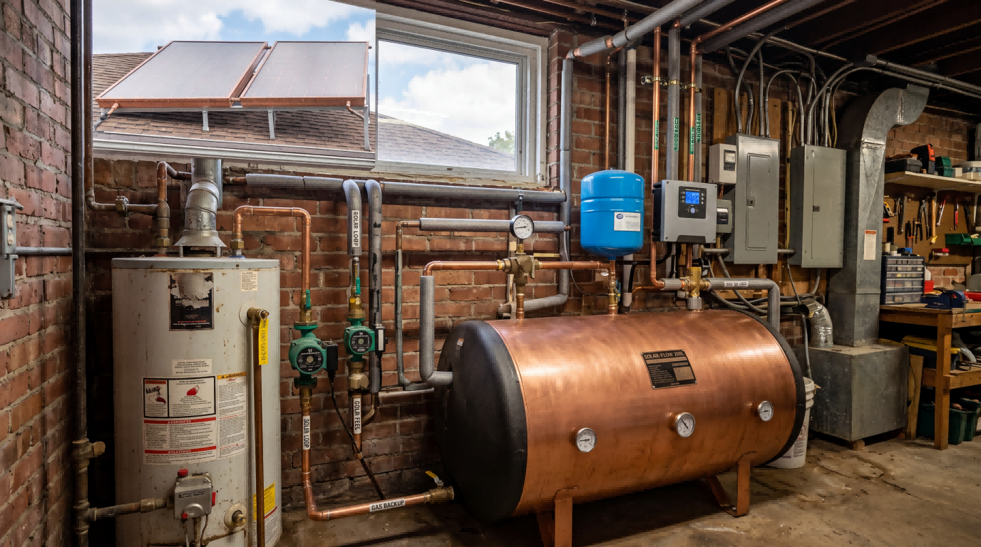 Solar water heater retrofit connected to existing plumbing with gas backup, storage tank, circulation pumps, and basement utility integration